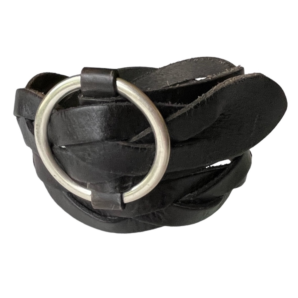 Fossil Black Braided Leather Belt with Silver Ring Buckle